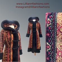 Load image into Gallery viewer, 70’s Hooded Carpet Tapestry Orange Red Princess Boho Russian Princess Penny Lane