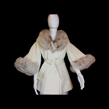 Load image into Gallery viewer, 60 Mod White Lilli Ann Pant Suit Set Cape Sleeve Silver Norwegian Fox Fur Wedding Christmas Event