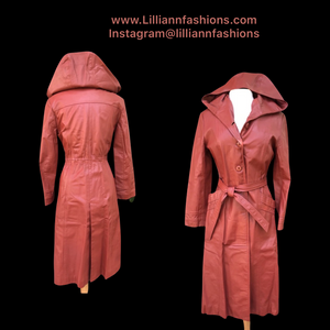 70’s Hooded Leather Trench Spy Fit Flare Orange Brown Coat