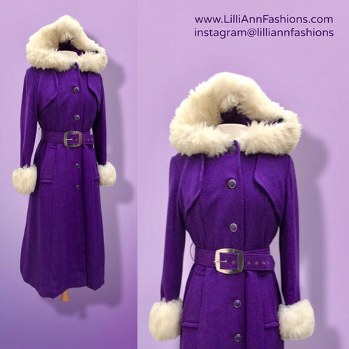 70’s Purple Wool Coat Hooded Shearling Trim Fitted Flared Princess Boho Penny Lane Style