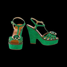 Load image into Gallery viewer, Vintage 70s Style_Early 2000&#39;s Designer Green Suede Marc Jacobs Size 6 EU 36 Made in Italy Jeweled Strappy Platform Pinup Sandals 5&quot; High