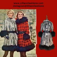 Load image into Gallery viewer, 60s Lilli Ann Mod Fox Fur Black White Thick Wool Knit Warm Princess Coat Small Built in Scarf Collectible