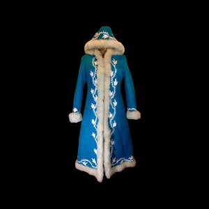Suede and Shearling Lamb Turquoise Blue and White Embroidered Afghan Coat Almost Famous Hippy Chic Penny Lane S/M Beatles British Invasion!