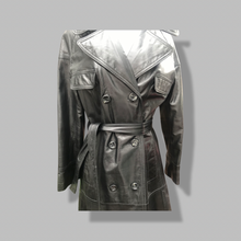 Load image into Gallery viewer, 70’s Vintage Black Leather Trench Coat Spy Montgomery Ward