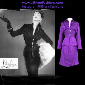 40’s LIlli Ann Documented Vintage Purple Suit Mint Rhinestone Purple Fit and Flared Two Piece Set Cashmere and Crystals