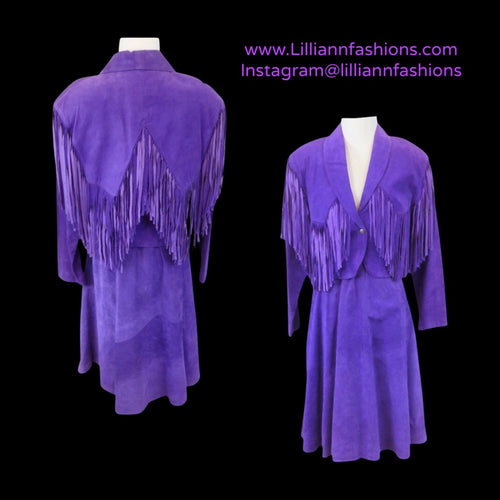 80’s Purple Suede Fringe Jacket and Skirt Set Cowgirl Glam