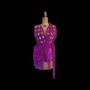 70s Suede Couture Magenta Pink Fringe Cutout Vest, Belt, and Purse Set Flexible Size