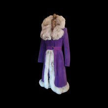 Load image into Gallery viewer, Vintage Women's Coat- Purple Suede 70s Silver Fox Fur Trimmed Princess Pinup Hippy Coat Afghan Penny Lane Almost Famous