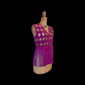 70s Suede Couture Magenta Pink Fringe Cutout Vest, Belt, and Purse Set Flexible Size