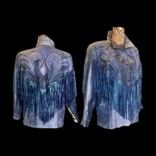 Load image into Gallery viewer, 1980S 90s Fringe Leather Jacket Coat Cowgirl Iridescent Southwestern Swarovski Crystal Mermaid Colors Made in Paris France L-XL