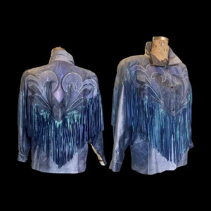 1980S 90s Fringe Leather Jacket Coat Cowgirl Iridescent Southwestern Swarovski Crystal Mermaid Colors Made in Paris France L-XL