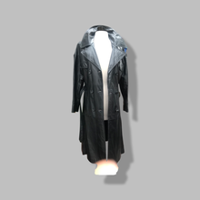 Load image into Gallery viewer, 70’s Vintage Black Leather Trench Coat Spy Montgomery Ward