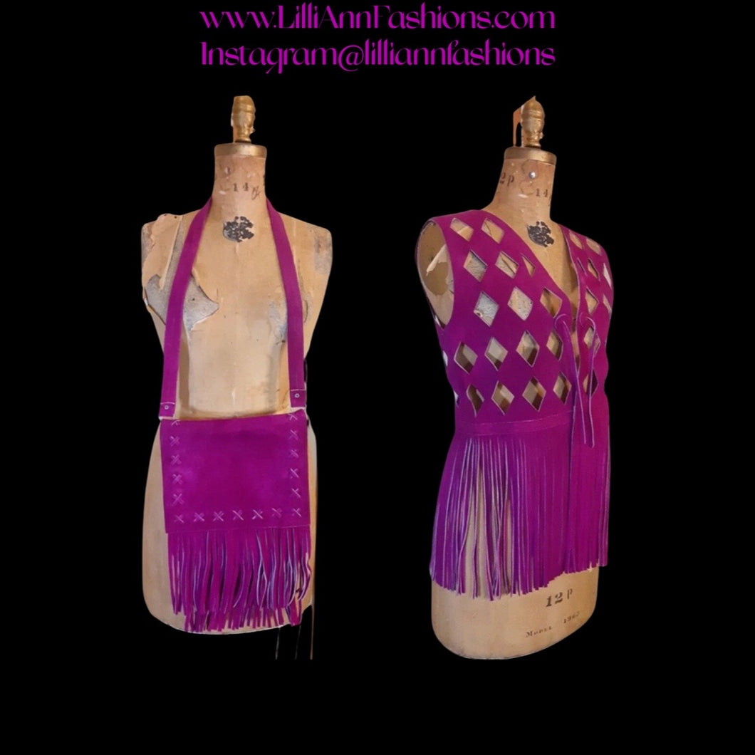 70s Suede Couture Magenta Pink Fringe Cutout Vest, Belt, and Purse Set Flexible Size