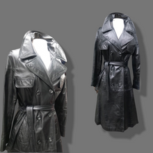 Load image into Gallery viewer, 70’s Vintage Black Leather Trench Coat Spy Montgomery Ward