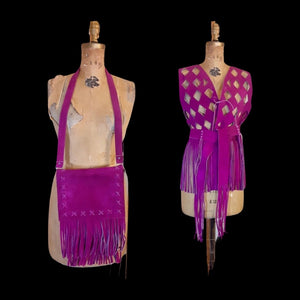 70s Suede Couture Magenta Pink Fringe Cutout Vest, Belt, and Purse Set Flexible Size