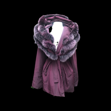 Load image into Gallery viewer, Light Waterproof Canadian Purple Coat with Ombré Purple Fox Fur and Hood