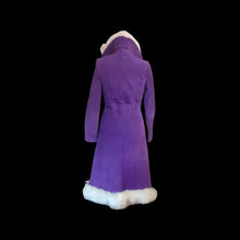 Load image into Gallery viewer, Vintage Women's Coat- Purple Suede 70s Silver Fox Fur Trimmed Princess Pinup Hippy Coat Afghan Penny Lane Almost Famous