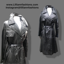 Load image into Gallery viewer, 70’s Vintage Black Leather Trench Coat Spy Montgomery Ward