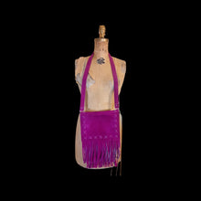 Load image into Gallery viewer, 70s Suede Couture Magenta Pink Fringe Cutout Vest, Belt, and Purse Set Flexible Size