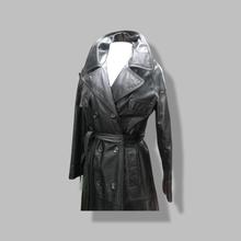 Load image into Gallery viewer, 70’s Vintage Black Leather Trench Coat Spy Montgomery Ward