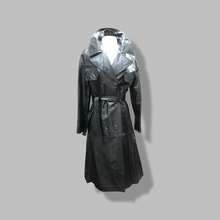 Load image into Gallery viewer, 70’s Vintage Black Leather Trench Coat Spy Montgomery Ward