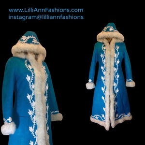 Suede and Shearling Lamb Turquoise Blue and White Embroidered Afghan Coat Almost Famous Hippy Chic Penny Lane S/M Beatles British Invasion!