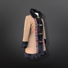 Load image into Gallery viewer, 60’s Vintage Coat Camel Faux Fur Embroidered Rainbow Trim