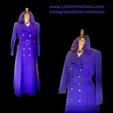 Load image into Gallery viewer, Purple Wool Mod 60s Full Length Fit Flare Double Breasted Sleek Coat Military Princess