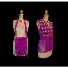 Load image into Gallery viewer, 70s Suede Couture Magenta Pink Fringe Cutout Vest, Belt, and Purse Set Flexible Size