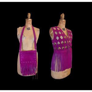 70s Suede Couture Magenta Pink Fringe Cutout Vest, Belt, and Purse Set Flexible Size