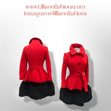 Load image into Gallery viewer, Women's Vintage Lilli Ann Coat- Lipstick Red Orange Bright 60's Mod Wool Thick Tiered Black Fox Fur Trim Fit Flare Princess Small Pinup