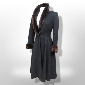 50’s 60’s Vintage Wool Gray Princess Coat with Sheared Beaver Collar and Cuffs