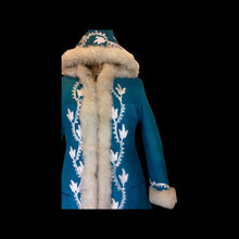 Load image into Gallery viewer, Suede and Shearling Lamb Turquoise Blue and White Embroidered Afghan Coat Almost Famous Hippy Chic Penny Lane S/M Beatles British Invasion!