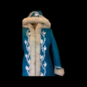 Suede and Shearling Lamb Turquoise Blue and White Embroidered Afghan Coat Almost Famous Hippy Chic Penny Lane S/M Beatles British Invasion!