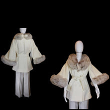 Load image into Gallery viewer, 60 Mod White Lilli Ann Pant Suit Set Cape Sleeve Silver Norwegian Fox Fur Wedding Christmas Event