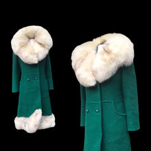 Load image into Gallery viewer, 60’s Green Wool Mod Princess  Coat with Norwegian Silver Fox Fur Collar