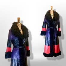 Load image into Gallery viewer, 70S Christian Dior Couture Leather Curly Mongolian Lamb Purple Red Horizontal Leather Coat Full Length Hippy Boho Penny Lane Princess