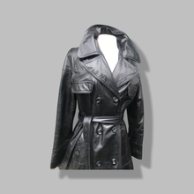 Load image into Gallery viewer, 70’s Vintage Black Leather Trench Coat Spy Montgomery Ward