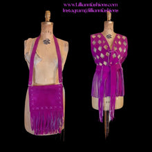 Load image into Gallery viewer, 70s Suede Couture Magenta Pink Fringe Cutout Vest, Belt, and Purse Set Flexible Size