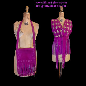 70s Suede Couture Magenta Pink Fringe Cutout Vest, Belt, and Purse Set Flexible Size