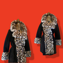 Load image into Gallery viewer, Vintage Women's Coat~ Lilli Ann London Mod 60s Suede Brown Leopard Printed Rabbit Fur Flexible Size, S,M,L Pinup Animal Print Princess