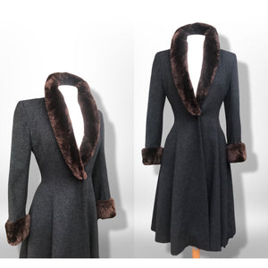 50’s 60’s Vintage Wool Gray Princess Coat with Sheared Beaver Collar and Cuffs