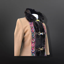 Load image into Gallery viewer, 60’s Vintage Coat Camel Faux Fur Embroidered Rainbow Trim