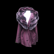 Load image into Gallery viewer, Light Waterproof Canadian Purple Coat with Ombré Purple Fox Fur and Hood