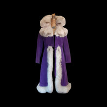 Load image into Gallery viewer, Vintage Women's Coat- Purple Suede 70s Silver Fox Fur Trimmed Princess Pinup Hippy Coat Afghan Penny Lane Almost Famous