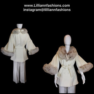 60 Mod White Lilli Ann Pant Suit Set Cape Sleeve Silver Norwegian Fox Fur Wedding Christmas Event