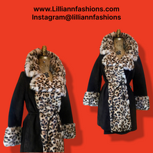 Load image into Gallery viewer, Vintage Women's Coat~ Lilli Ann London Mod 60s Suede Brown Leopard Printed Rabbit Fur Flexible Size, S,M,L Pinup Animal Print Princess