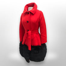 Load image into Gallery viewer, Women's Vintage Lilli Ann Coat- Lipstick Red Orange Bright 60's Mod Wool Thick Tiered Black Fox Fur Trim Fit Flare Princess Small Pinup