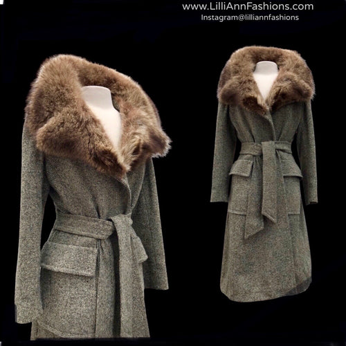 60’s Vintage Tweed Wrap Coat with Fur Collar Fitted Career Basics Fall and Winter