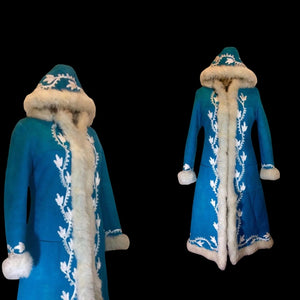 Suede and Shearling Lamb Turquoise Blue and White Embroidered Afghan Coat Almost Famous Hippy Chic Penny Lane S/M Beatles British Invasion!